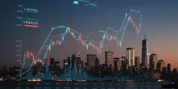 Dynamic stock charts for S&P 500 and Nasdaq predicting 2025 performance with city skyline backdrop.