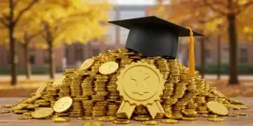 Gold coins and graduation cap symbolizing substantial 5-digit scholarships for 2025-2026 academic year