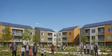 Modern affordable housing complex with green spaces and diverse residents