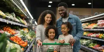 Family grocery shopping for fresh produce, symbolizing food security
