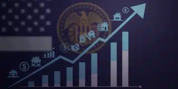 Federal Reserve building with upward arrow charts and currency symbols, symbolizing 2025 interest rate hikes and investor adjustments.