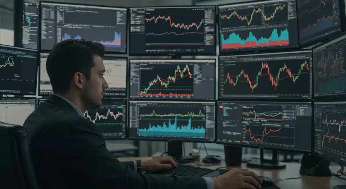 Financial analyst examining S&P 500 and Nasdaq real-time market data on multiple screens.