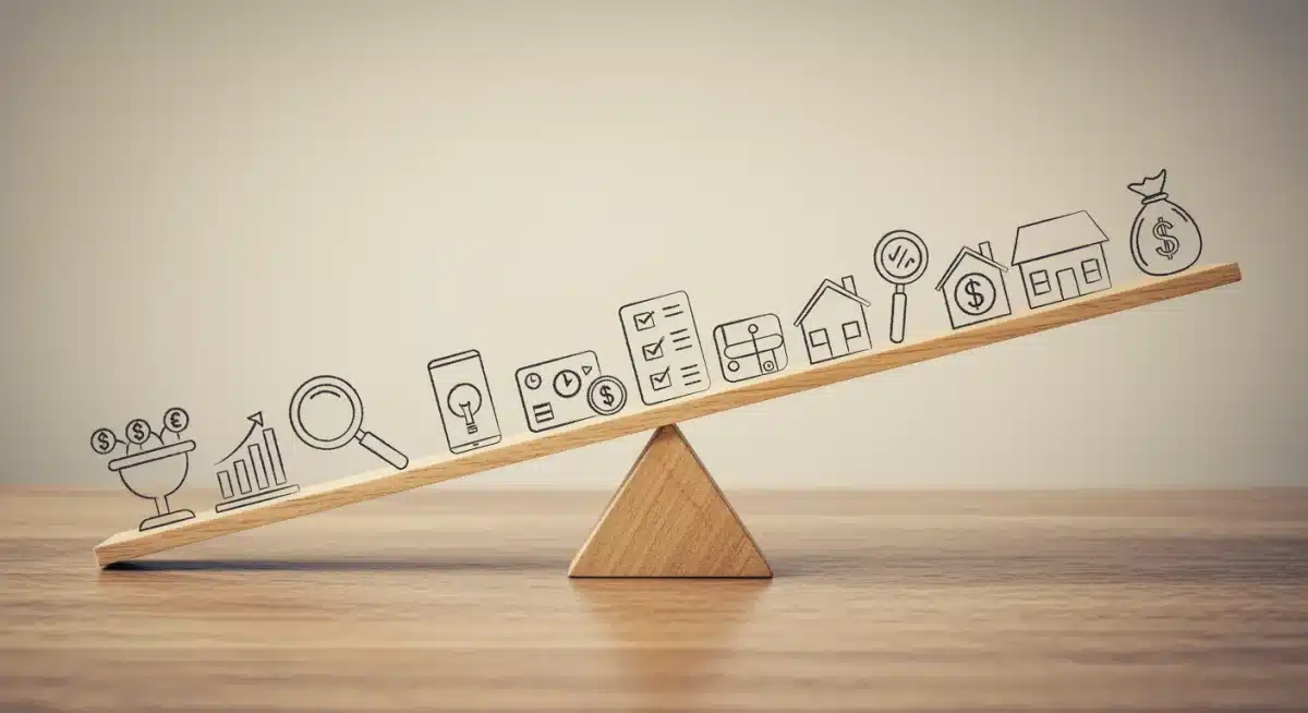Diverse investment portfolio balancing on a seesaw, symbolizing rebalancing strategies for interest rate changes.