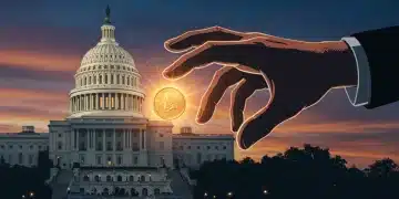 Hand reaching for glowing coin, US Capitol in background, representing unclaimed government benefits.