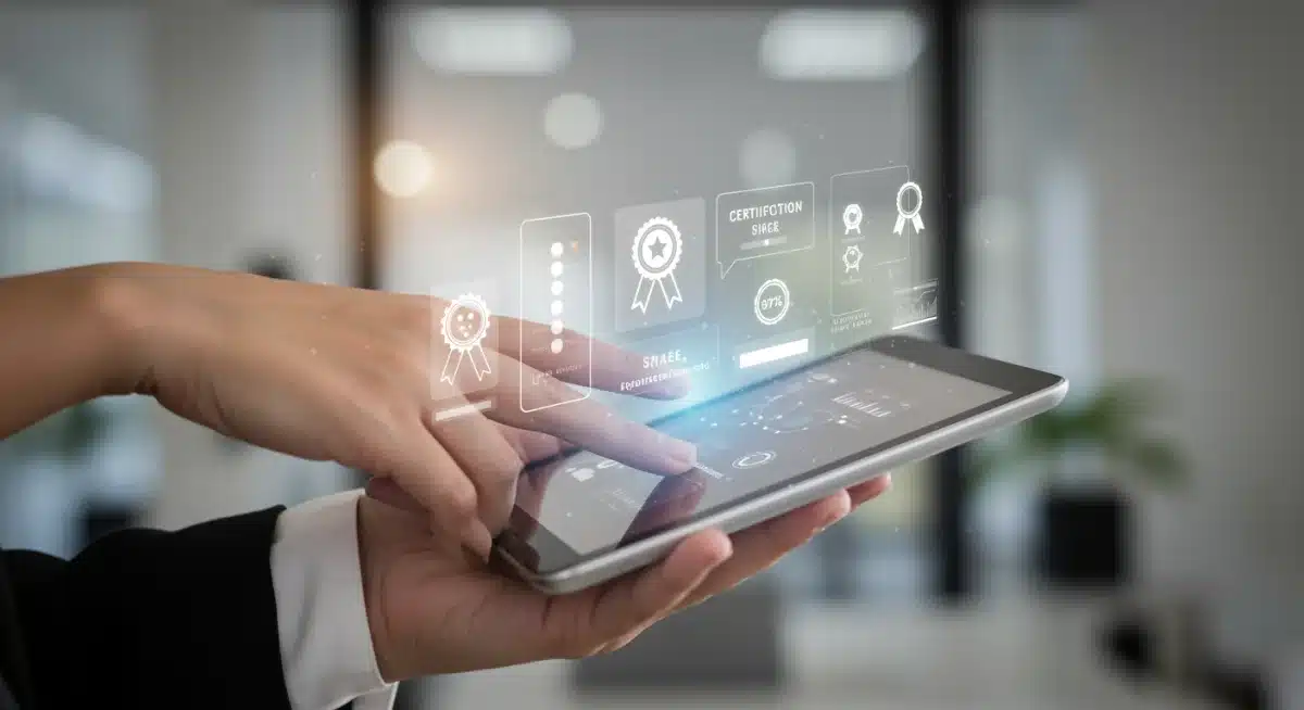 Digital tablet showing certification badges and learning progress