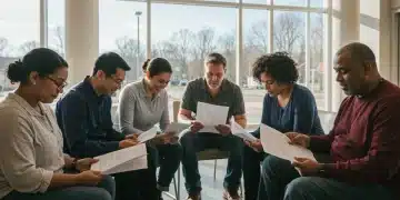 People reviewing emergency rental assistance applications in a community center