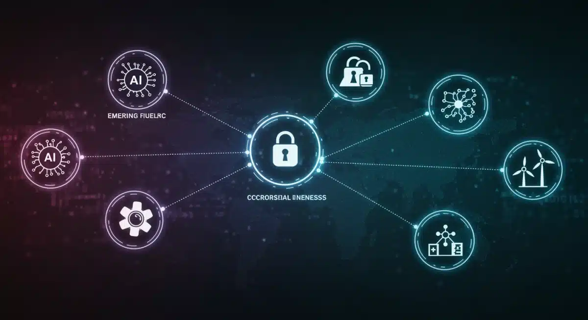 Infographic showing interconnected emerging fields like AI, cybersecurity, and renewable energy.