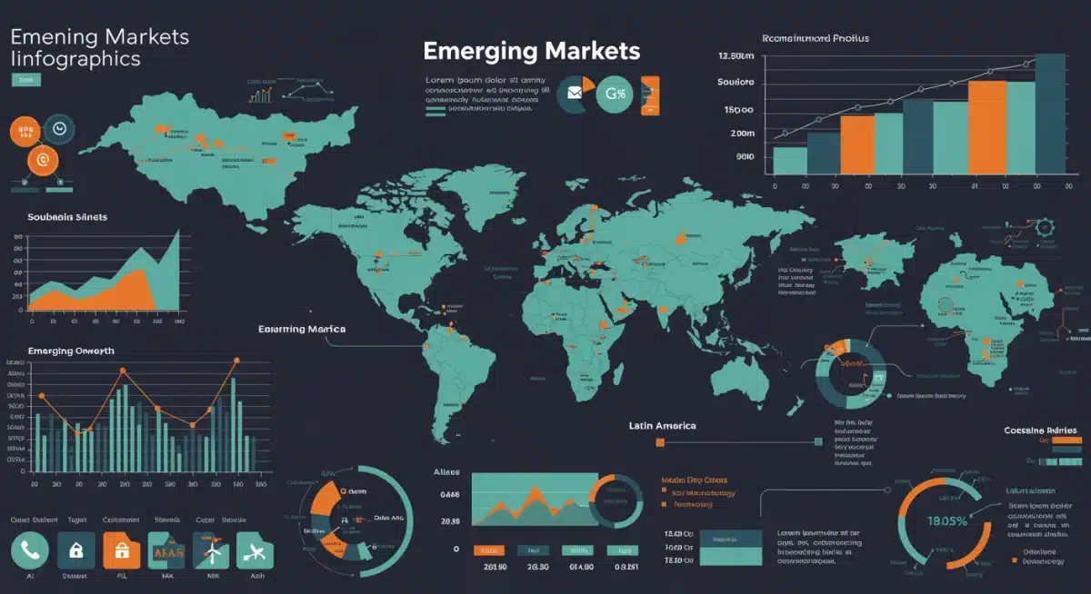 Infographic detailing economic growth projections and key investment sectors in emerging markets.