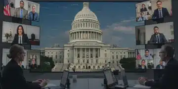 Federal employees engaging in a virtual meeting, showcasing remote work technology and collaboration tools.