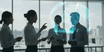 Professionals analyzing global emerging market trends on a holographic display, strategizing for 2025 investments.