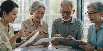 Diverse group reviewing 2025 Medicaid and Medicare enrollment documents