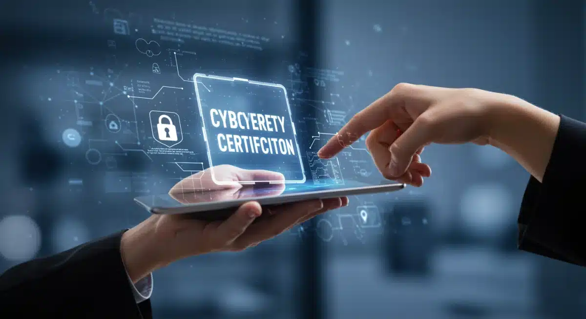 Hand holding tablet with cybersecurity certification badge