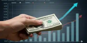 Hand holding dollar bills against an economic growth chart, symbolizing a federal stimulus package.