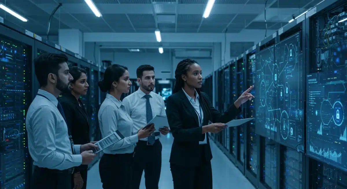 IT professionals reviewing and implementing new government cybersecurity guidelines in a secure data center.