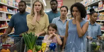 Concerned US consumers facing rising prices in a supermarket due to trade tariffs.