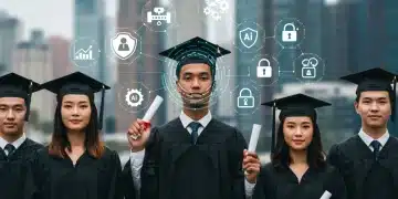 Graduates confidently engaging with futuristic digital skill interfaces