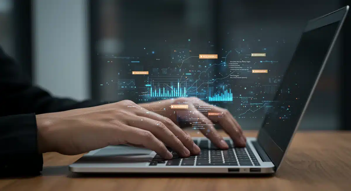 Hands typing on laptop with data streams, symbolizing data literacy
