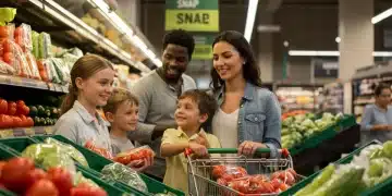 Family happily shopping for groceries in a supermarket aisle