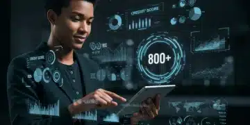 Futuristic credit score display showing 800+ with financial data graphs