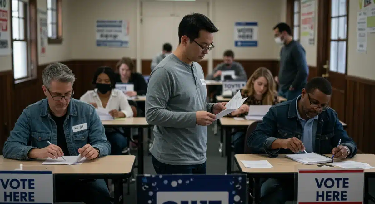 Diverse voters casting ballots at a polling station during early 2026 primaries.