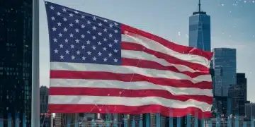 US flag with financial graphs, symbolizing the 2026 Federal Budget's impact.