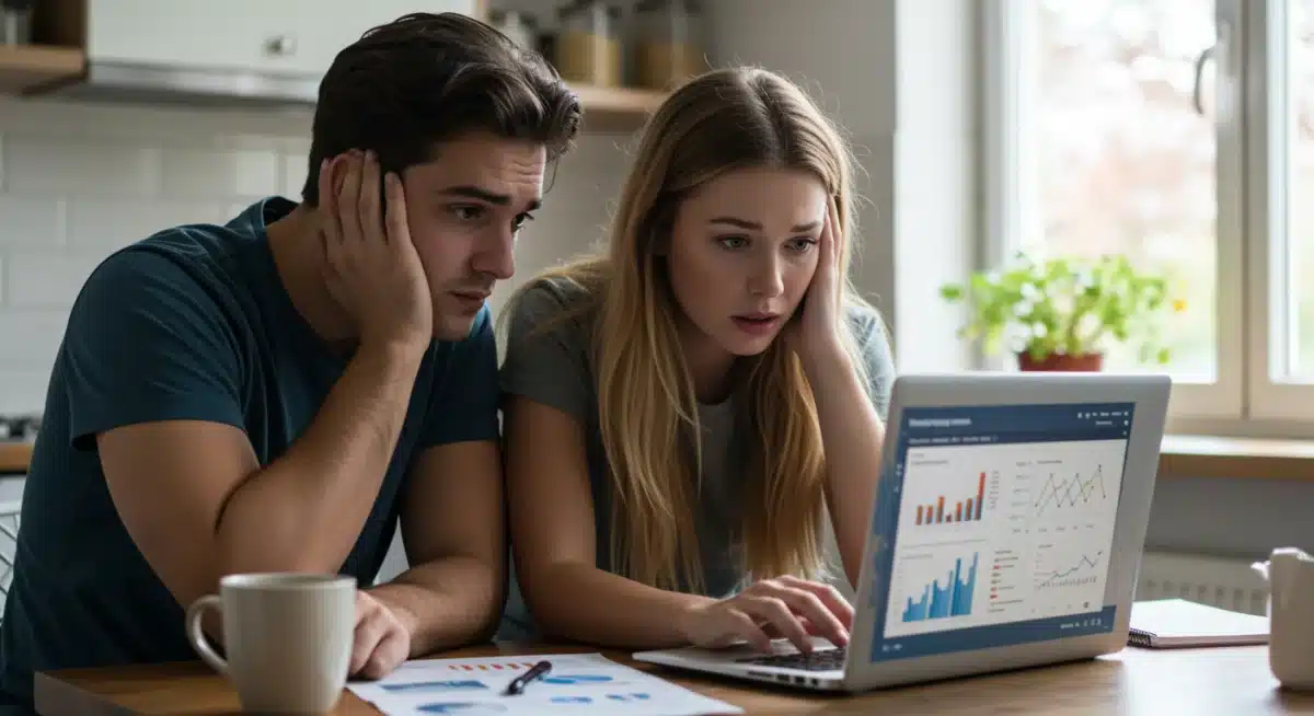 Couple discussing mortgage payments with financial data on laptop