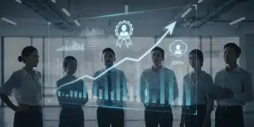 Professionals analyzing future career growth with holographic certifications