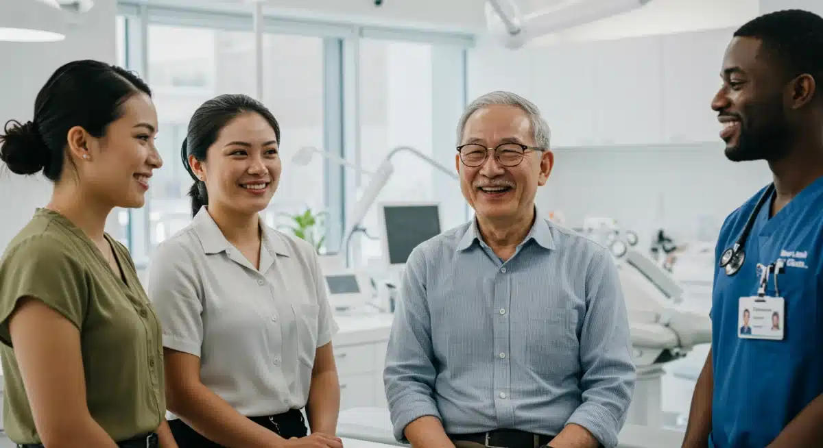 Diverse patients and healthcare professionals benefiting from AI-driven medical advancements in a modern clinic.