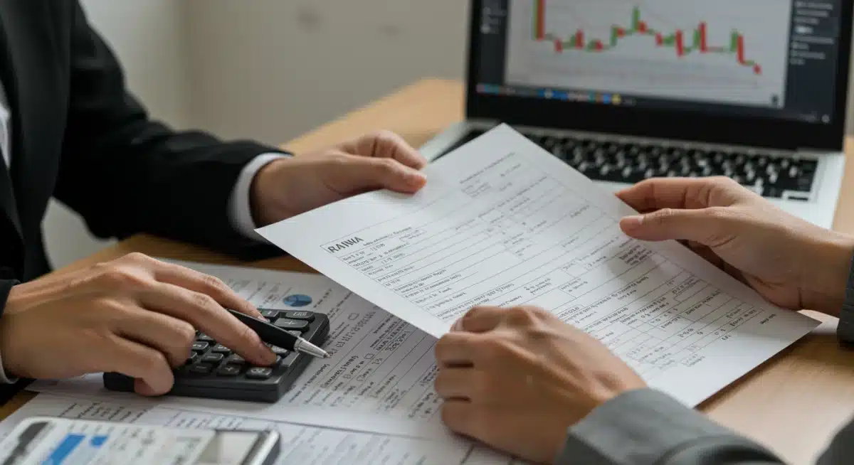 Hands organizing retirement documents, calculator, laptop with investment portfolio