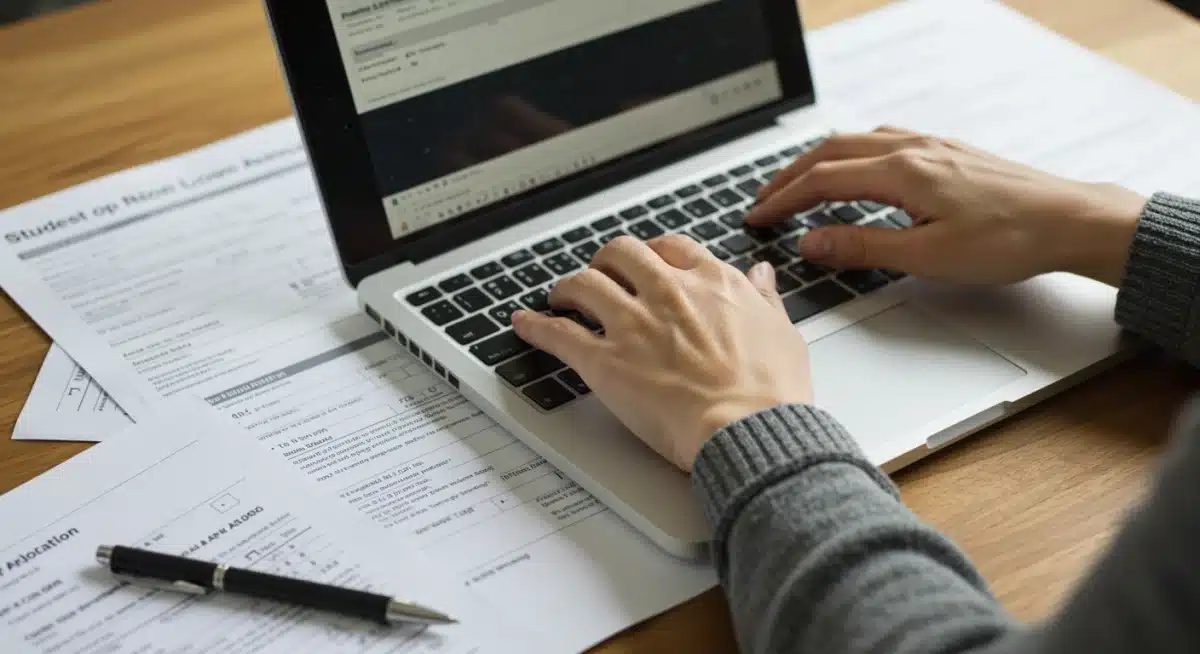 Hands typing on laptop, surrounded by student loan and financial aid application forms.