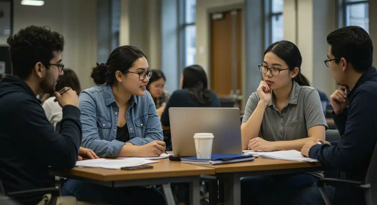 Diverse students discussing financial aid and student loans in a university library.