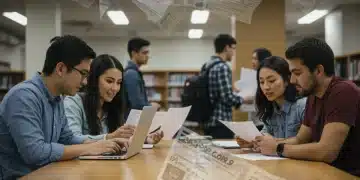 Students collaboratively navigating FAFSA forms in a modern university library