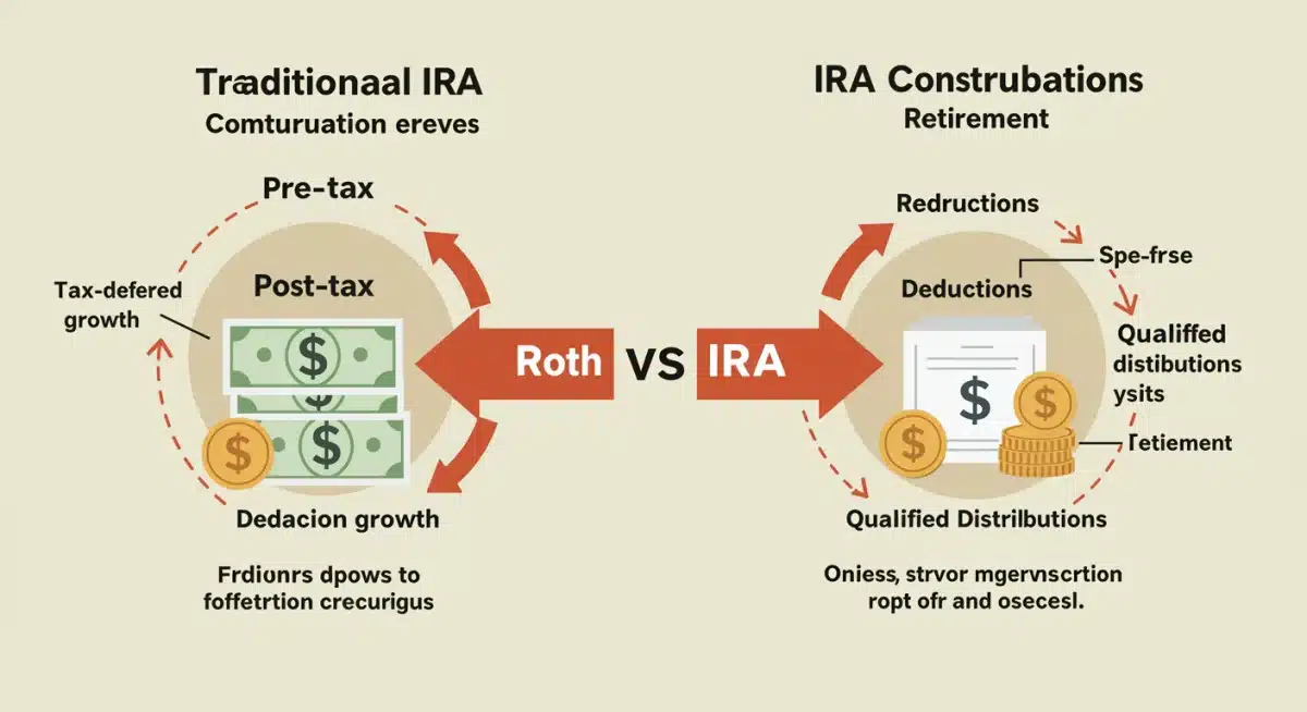 Infographic comparing Traditional vs Roth IRA tax benefits and contribution flows