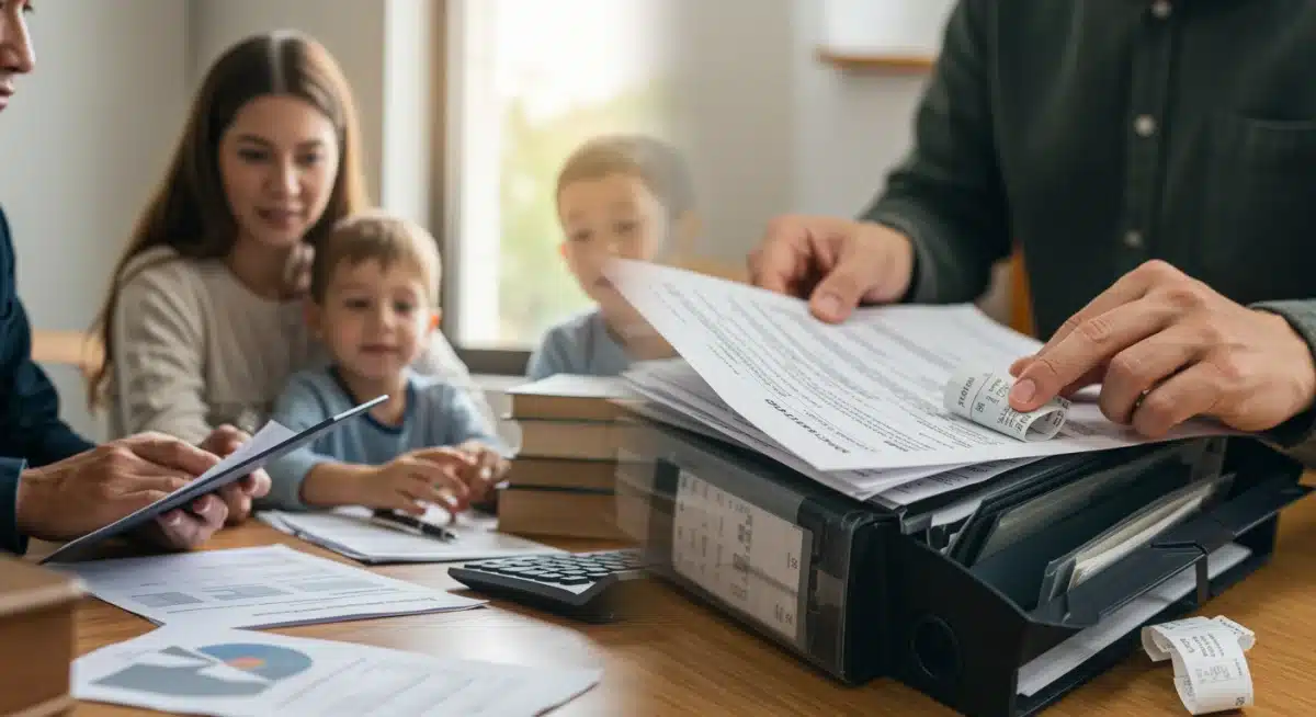 Family consulting financial advisor for college planning and individual organizing education expense receipts.