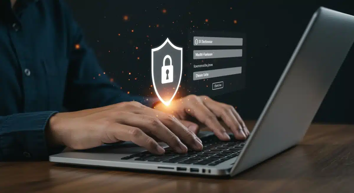 Hands typing on laptop with multi-factor authentication shield icon
