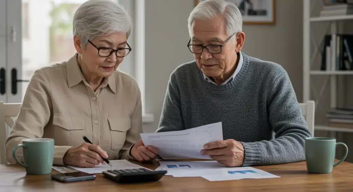 Elderly couple reviewing retirement finances and Social Security benefit statements on a laptop.