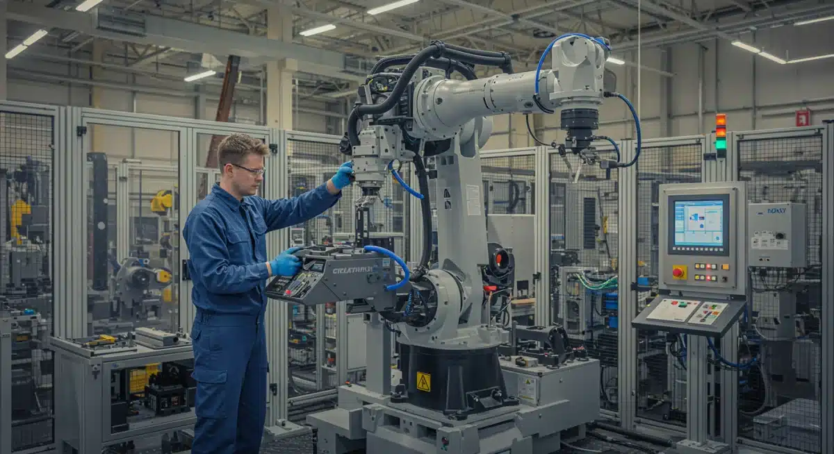 Technician calibrating a robotic arm in an automated factory