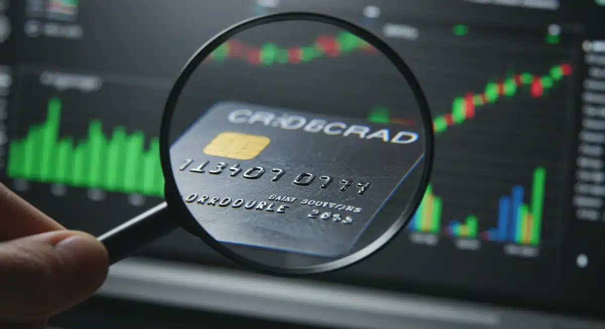 Magnifying glass over credit card for credit monitoring