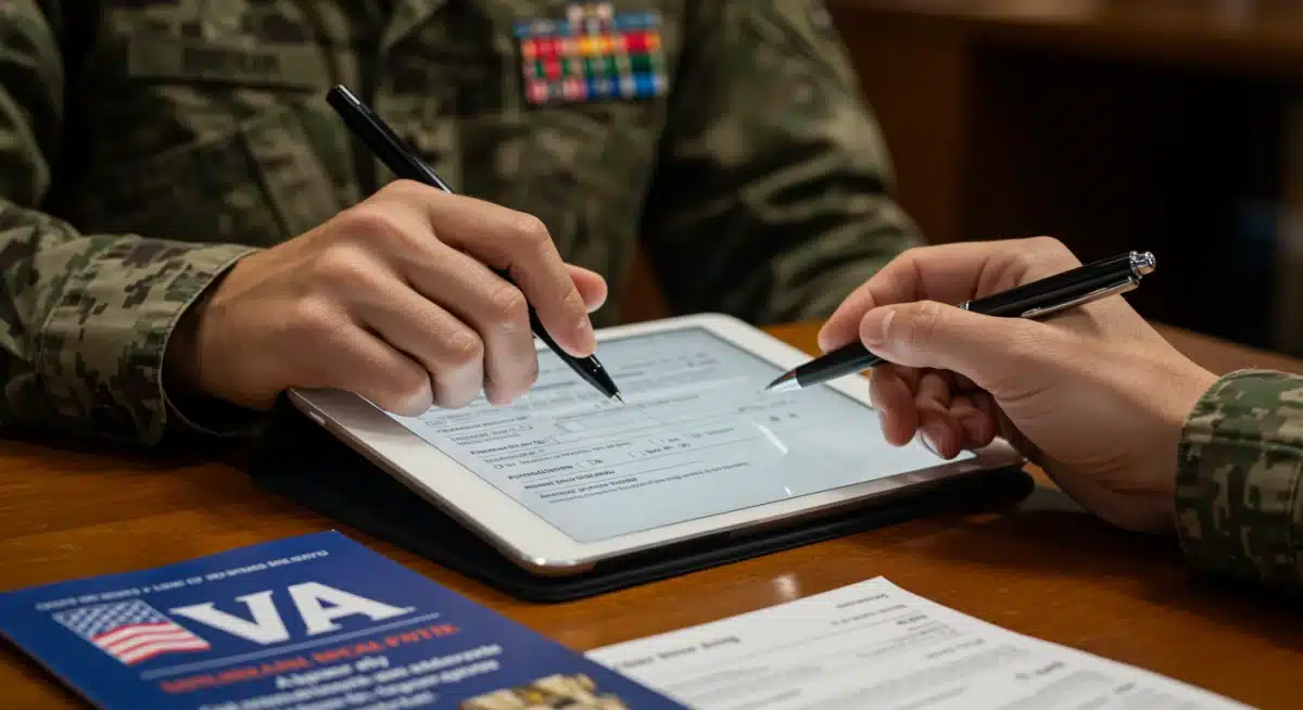 Veteran completing digital VA healthcare benefits application form.