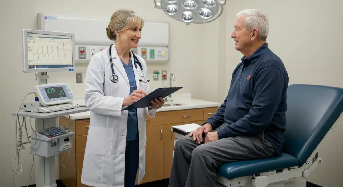 Medical professional interacting with veteran during a check-up.