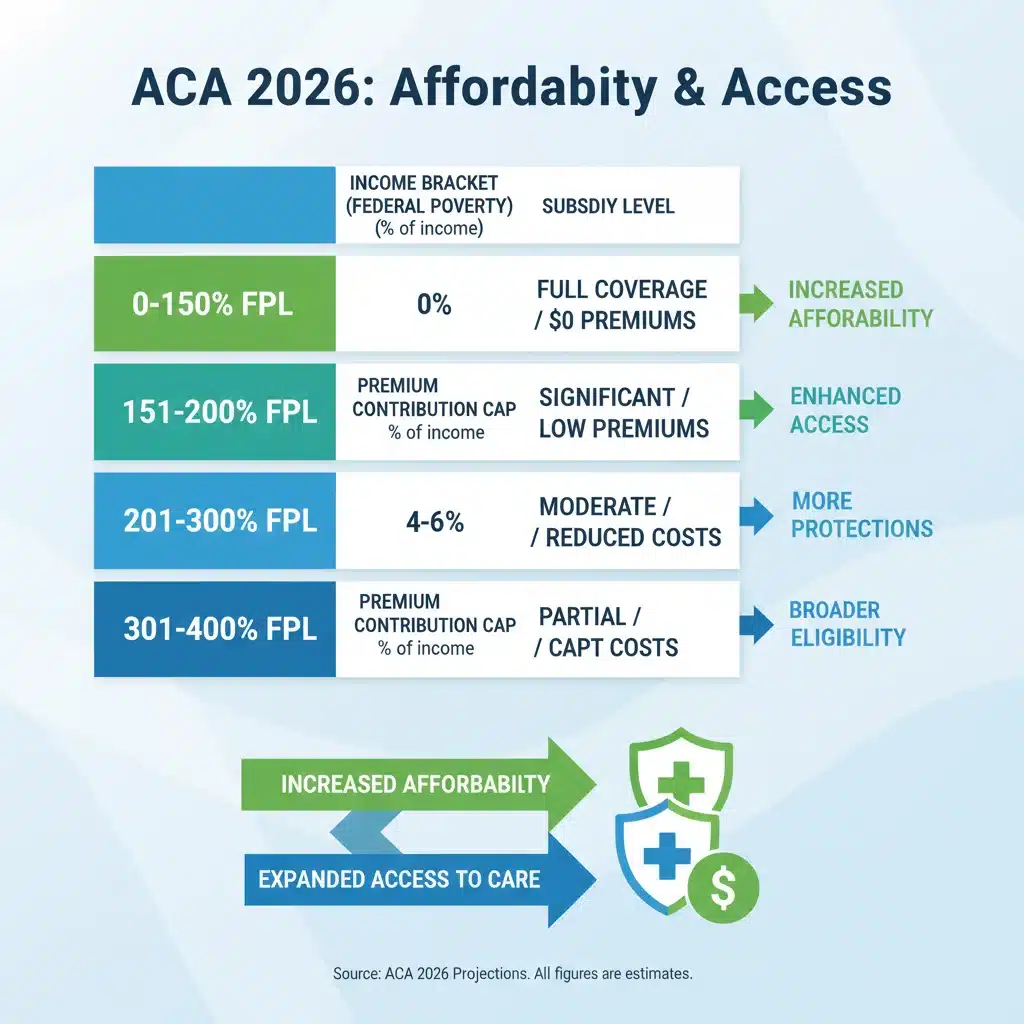 Infographic detailing ACA 2026 subsidy eligibility by income levels.