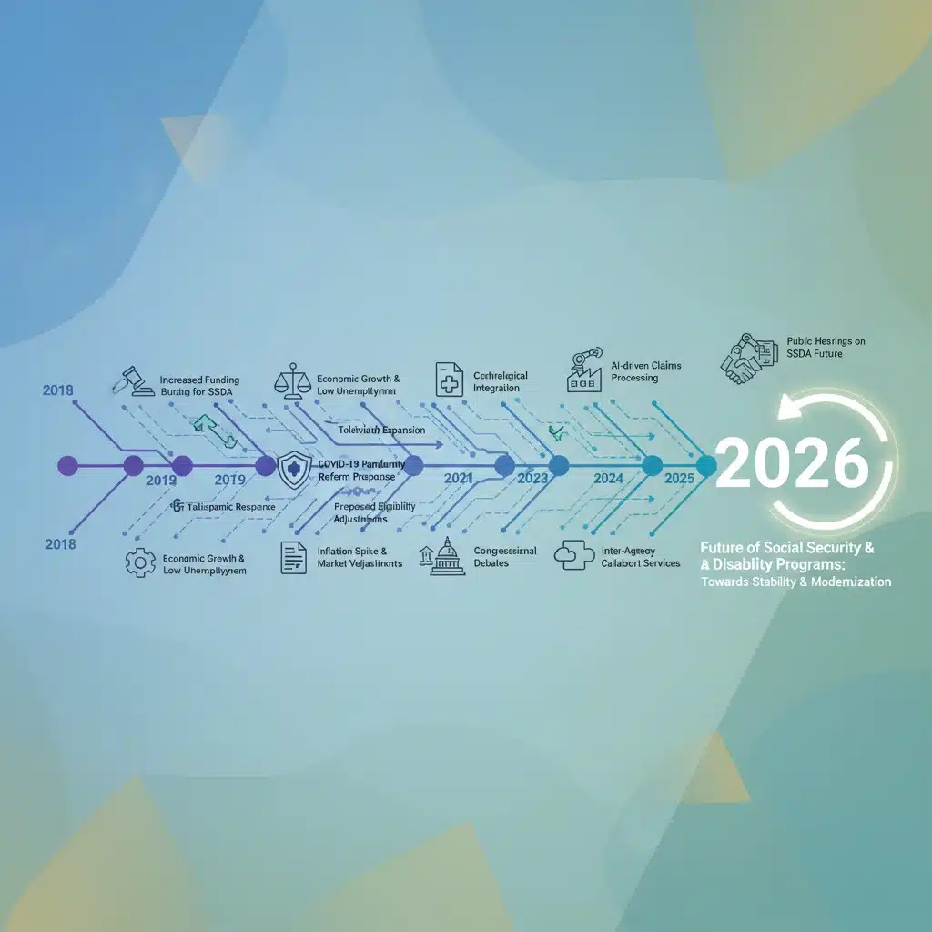 Timeline illustrating future legislative and policy changes for disability benefits leading to 2026