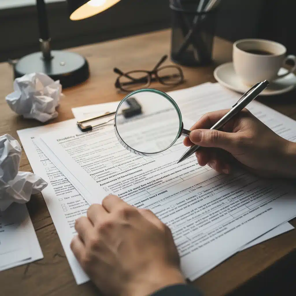 Hands meticulously filling out disability benefits application forms