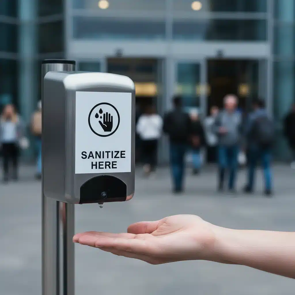 Hand sanitization station in a public building, promoting hygiene.