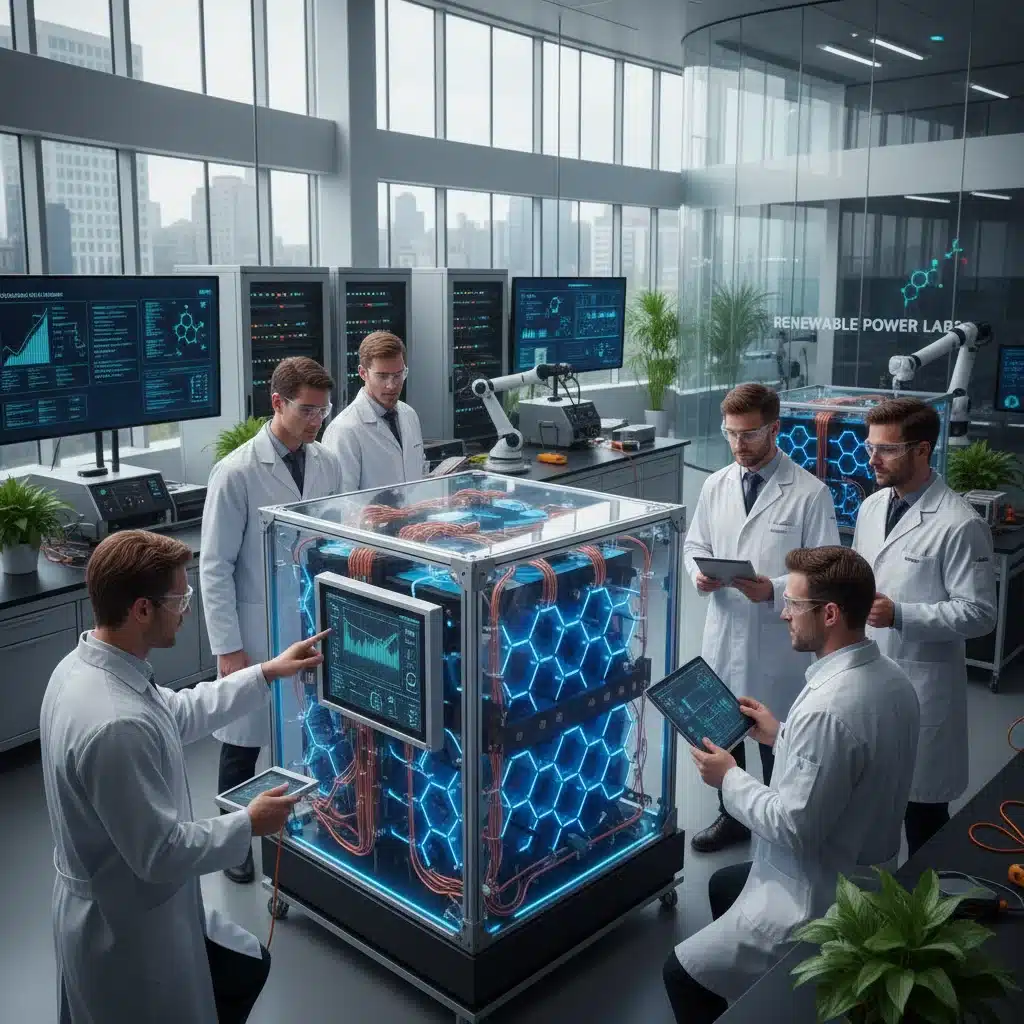 Engineers developing advanced battery storage for renewable energy projects.