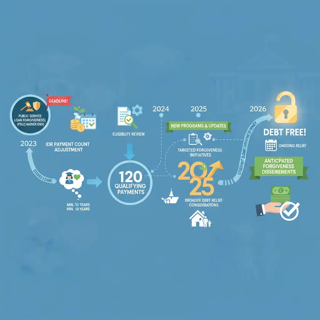 Timeline showing key dates and milestones for student loan forgiveness eligibility through 2026