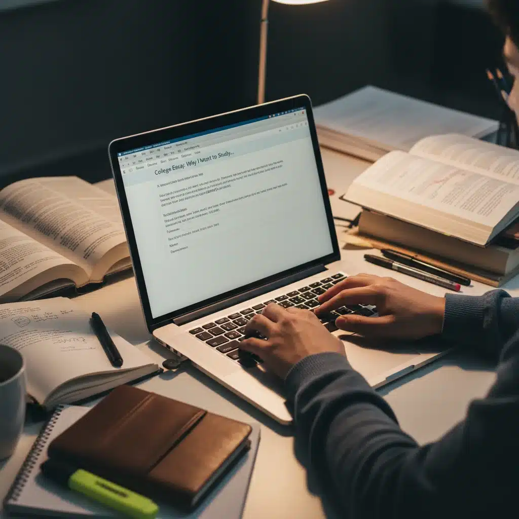 Student writing a college application essay on a laptop