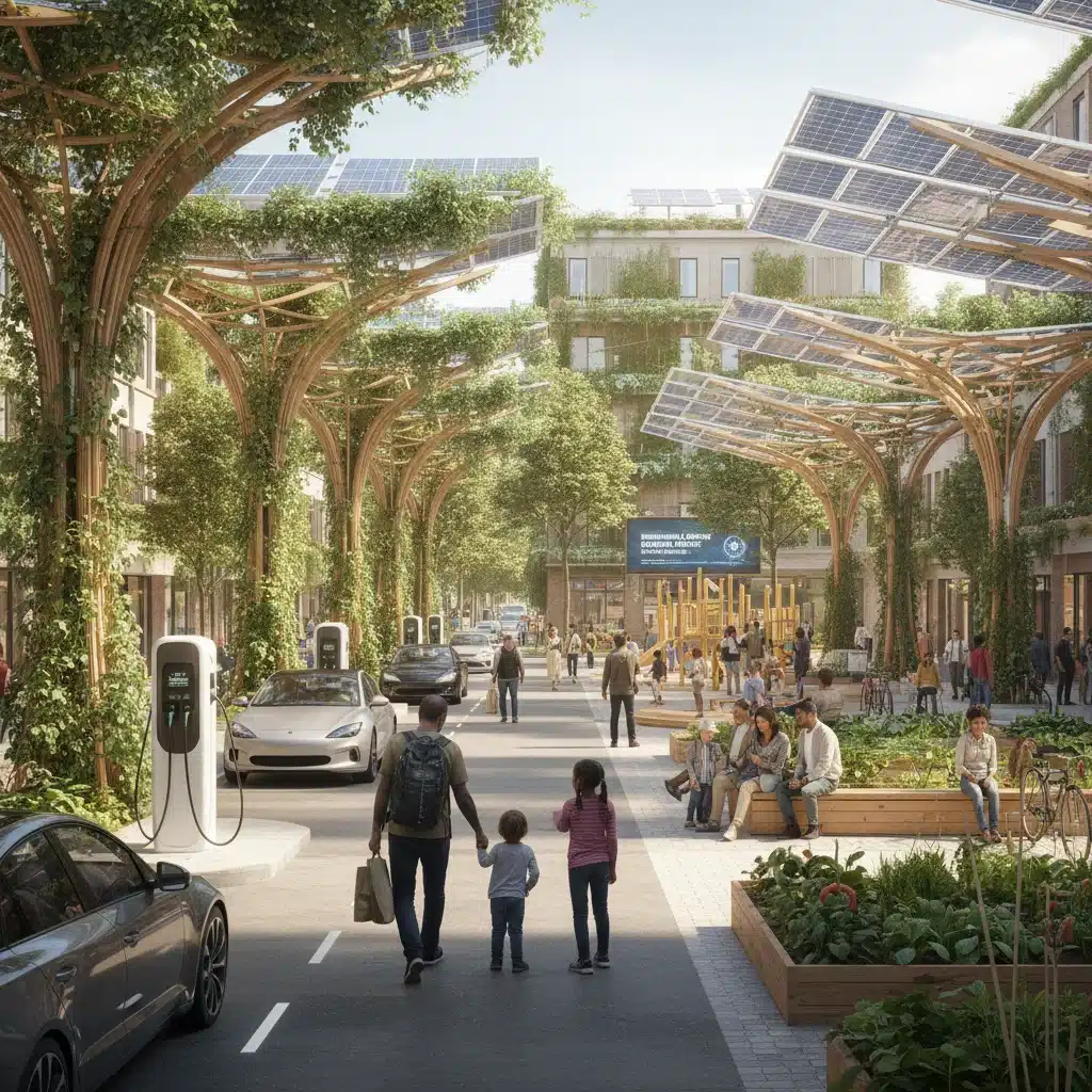 Sustainable urban environment with electric vehicle charging and solar-powered public spaces.
