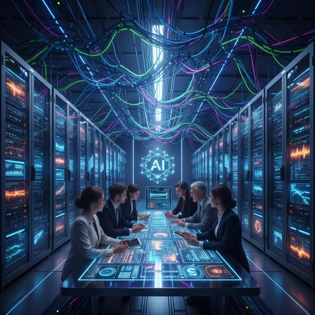 Data scientists collaborating in a high-tech AI data center