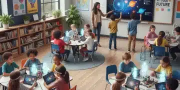 Children learning actively in a modern classroom with a teacher, symbolizing the impact of federal education funding.